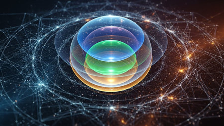 Hues showing concentric translucent spheres in blue green and orange hues layered within a complex network of glowing lines and dots on a dark...の素材