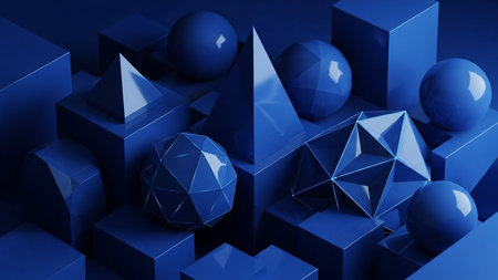 (581) showing arrangement of blue geometric shapes including spheres cubes pyramids and icosahedrons with subtle lighting. resolutionの素材