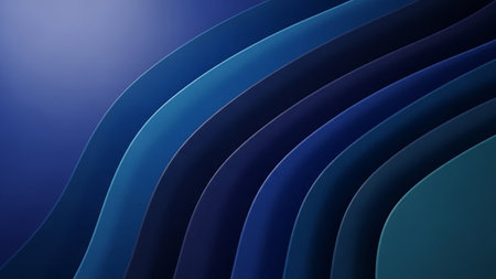 Flowing abstract waves in shades of deep blue and teal create a smooth, layered pattern with subtle light gradients and curved forms.の素材
