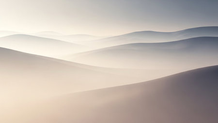 A serene landscape of rolling hills shrouded in soft mist, with a gradient of pale, muted colors creating a tranquil and ethereal atmosphere.の素材