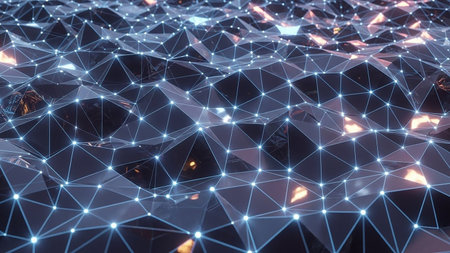 A dark, geometric polygonal surface is covered with a network of illuminated nodes and glowing connections, creating a complex digital data...の素材