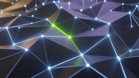 A dark background showcases a geometric network of connected nodes and lines, with a prominent bright green line highlighting a specific connection.の素材