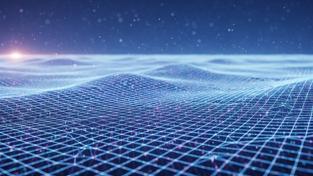 Light showing futuristic digital grid landscape with a blue neon wireframe mesh extending into the distance over a dark blue background with subtle...の素材