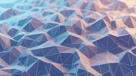 Poly showing low poly geometric landscape with blue and orange gradient lighting and wireframe overlay. resolutionの素材