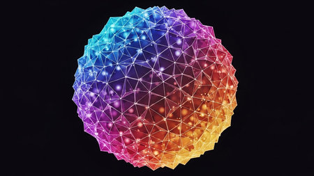 Shape showing multifaceted geometric sphere with rainbow gradient colors and glowing white nodes against black keywords: abstract, sphere,...の素材