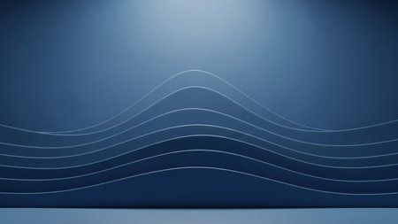 Thin showing minimalist blue waveform abstract background with thin white lines on a deep blue gradient wall and floor creating a clean aesthetic....の素材
