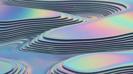 Iridescent showing iridescent holographic wavy layers with a metallic sheen creating a futuristic abstract landscape with pastel colors.の素材