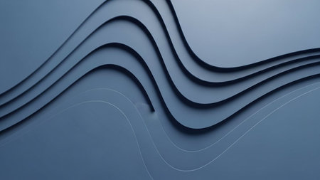 A minimalist abstract composition featuring smooth, curved dark blue lines with subtle light reflections against a matte blue surface.の素材