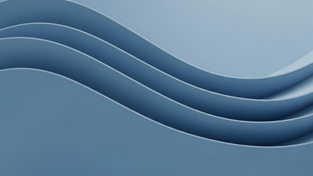 A minimalist abstract background featuring smooth, curved blue layers that create a sense of gentle motion and subtle depth with a soft gradient.の素材