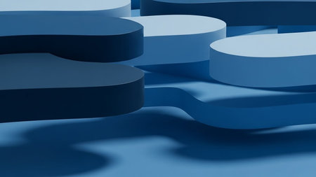 Rounded rectangular forms in varying shades of blue are arranged with soft shadows on a blue surface, creating a minimalist 3D abstract composition.の素材