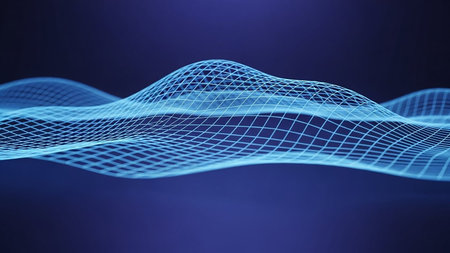 A smooth, blue grid surface with flowing wave-like contours and subtle lighting, presented against a dark blue background, creating an abstract texture.の素材