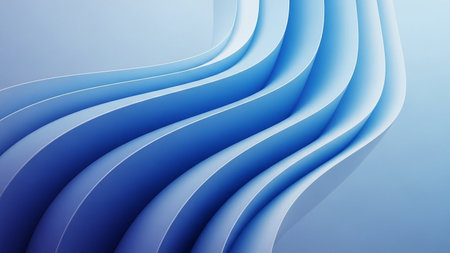 Gentle, flowing waves of light blue create a serene and minimalist abstract background with smooth curves and subtle shadows.の素材