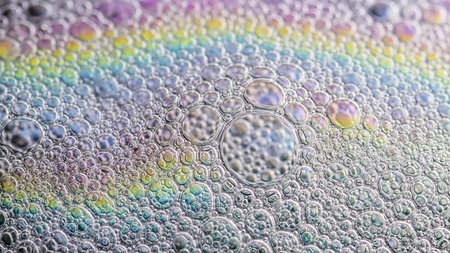 A macro view of iridescent soap bubbles displaying a spectrum of rainbow colors on their surfaces, creating a vibrant, textured abstract background.の素材