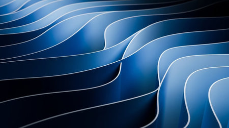 Layered abstract waves in varying shades of deep blue and light blue create a sense of fluid movement and depth with subtle white outlines defining...の素材