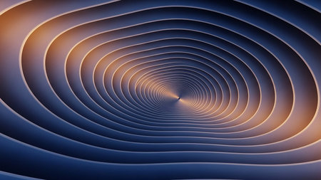 A deep blue and orange swirling tunnel of concentric wavy rings creates a hypnotic vortex effect with a sense of infinite depth.の素材