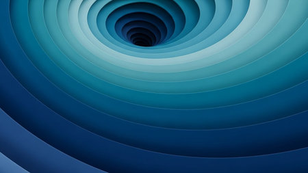 Deep blue and cyan concentric circles create a vortex or tunnel effect with diminishing perspective, showing depth and a sense of infinite movement.の素材
