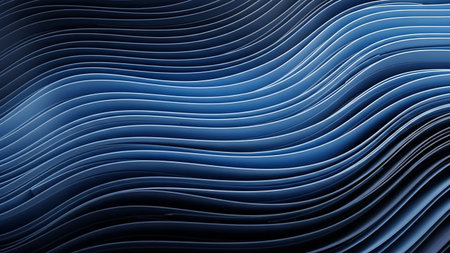 Numerous wavy lines in deep blue and navy create a layered abstract background with a textured appearance and dramatic interplay of light and shadow.の素材