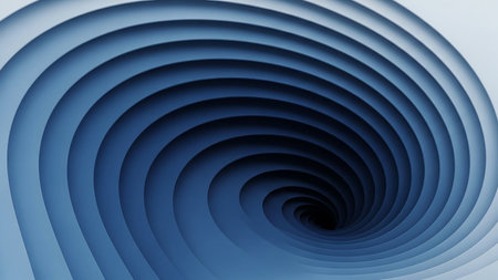 Depth showing deep blue swirling vortex abstract background with concentric circles and a dark center point creating a sense of depth and motion....の素材