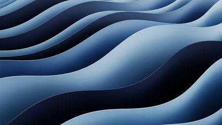 Dynamic flowing wave-like ribbons in shades of blue create a sense of motion and layered depth with smooth curves and subtle shadows.の素材