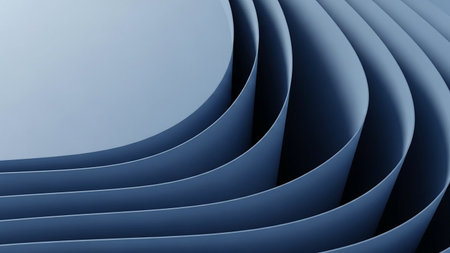 Swirling layers of smooth blue paper create a dynamic, sculptural effect with subtle shadows and highlights, forming an abstract curved background.の素材