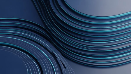 Light showing abstract flowing dark blue and teal wavy lines creating a dynamic background with subtle light reflections and shadows, 3d render....の素材
