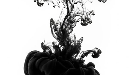Shape showing black ink dissolving in clear water creating abstract swirling cloud-like formations on a white background keywords: abstract, ink,...の素材