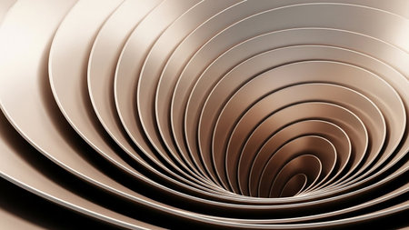 An abstract metallic vortex or funnel shape with concentric circles and soft lighting creates a strong sense of depth and dimension.の素材