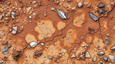 Close-up view of cracked dry earth with scattered small stones and minerals, creating a textured surface.の素材