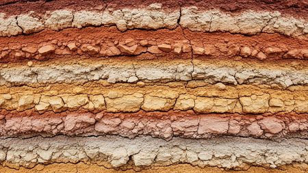 A detailed close-up of soil layers showing distinct colors and cracked textures from erosion.の素材