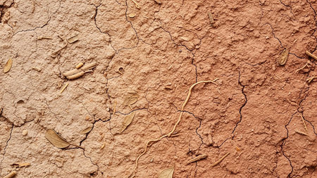 A close-up view of cracked dry earth texture with scattered dried leaves and organic elements.の素材