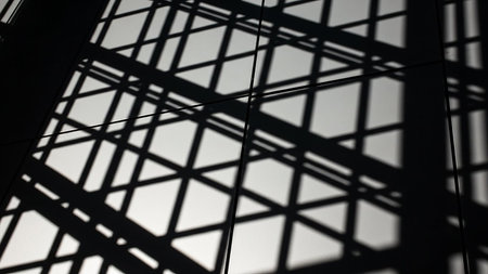 A striking geometric shadow pattern created by light and lines is cast on a building facade.の素材