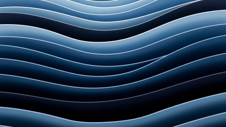 Abstract background with multiple dark blue and light blue wavy layers, defined by thin white lines and subtle lighting.の素材