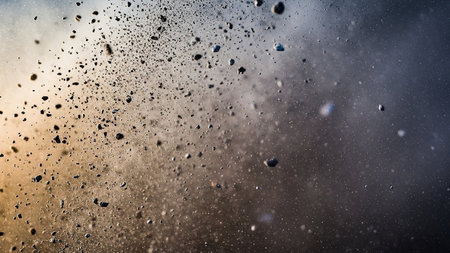 Small dark particles explode and scatter across a blurred background with light and shadow.の素材