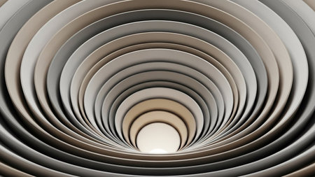 Light showing concentric circles receding into a bright light source creating a tunnel effect with subtle beige and gray tones. resolution...の素材