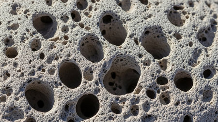 Extreme close-up of a rough, porous stone surface with numerous small and large holesの素材