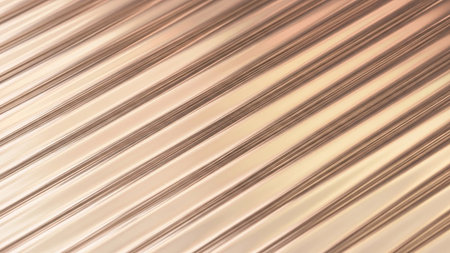 Light showing close-up of metallic ribbed surface with parallel lines reflecting light in warm golden and copper tones. resolutionの素材