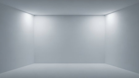 An empty, bright white room with soft spotlights illuminating the corners of the ceiling.の素材
