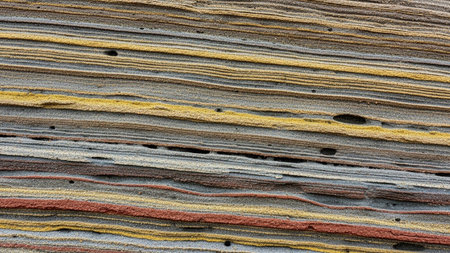 Close-up of layered sandstone rock formation showing distinct red yellow and grey strata.の素材