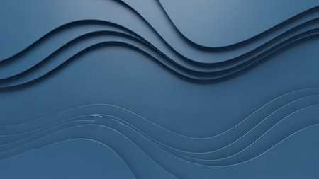 Deep blue abstract background featuring flowing, layered waves with subtle shadows that create a sense of depth and gentle movement across the surface.の素材