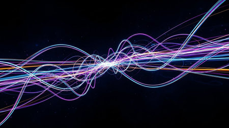 Vibrant neon light trails swirl and intertwine against a dark background. Clear details and vibrant colors enh...の素材