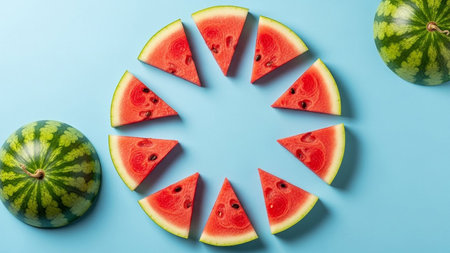 Sliced watermelon pieces form a circle around a light blue background with two whole watermelons.の素材