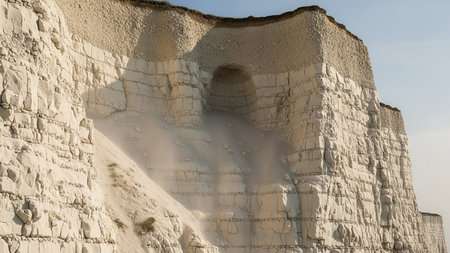 Close-up of a white chalk cliff face showing layers, an eroded cave, and falling debris.の素材