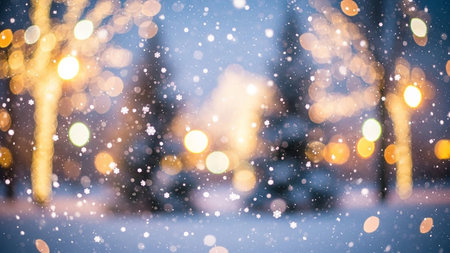Winter scene with falling snow and blurred warm bokeh Christmas lights at night. Clear details and vibrant col...の素材