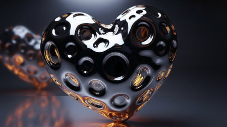 An abstract metallic heart sculpture with a textured surface of circular indentations.の素材