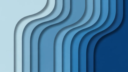 Depth showing abstract background composed of multiple parallel curved layers in graduating shades of light blue to dark blue, creating a sense of...の素材