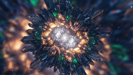 An abstract, glowing crystal formation with sharp facets and internal light against a cosmic background.の素材