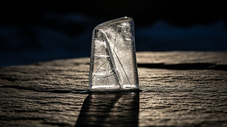A solitary piece of clear ice containing a plant stem, illuminated by sunlight and casting a long shadow on a dark, textured surface.の素材