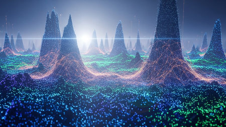 Green showing abstract digital landscape with glowing data points forming mountain-like structures and intricate network lines in vibrant blue and...の素材