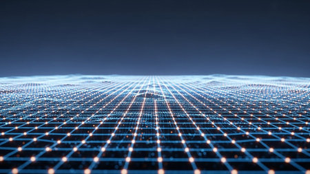 Dots showing abstract digital grid landscape with glowing orange dots at the intersections of blue lines, stretching into the distance with a dark...の素材
