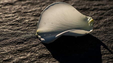 Petal showing single white rose petal with water droplets on dark textured stone surface in sunlight. resolution use.の素材